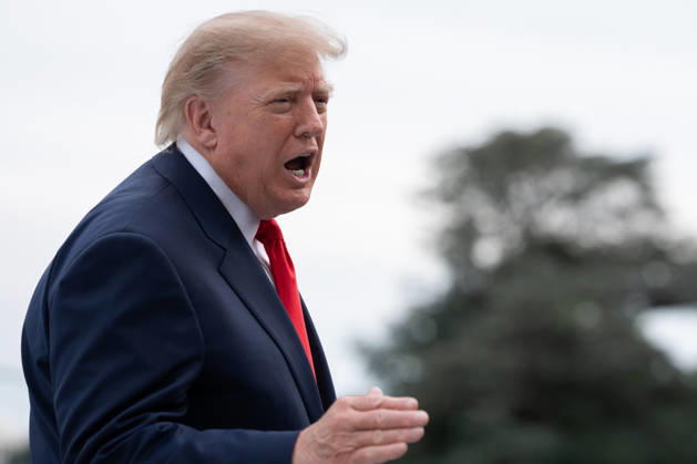 President Donald Trump speaks to members of the media on the South Lawn of the White House before boarding Marine One in Washington, DC on Friday, Oct. 9, 2026. Trump is heading to Syracuse on Friday to boost Republican gubernatorial candidate Bruce Blakeman, who is trailing Governor Kathy Hochul in polls ahead of November s election.  WASP20261009156 AaronxSchwartz