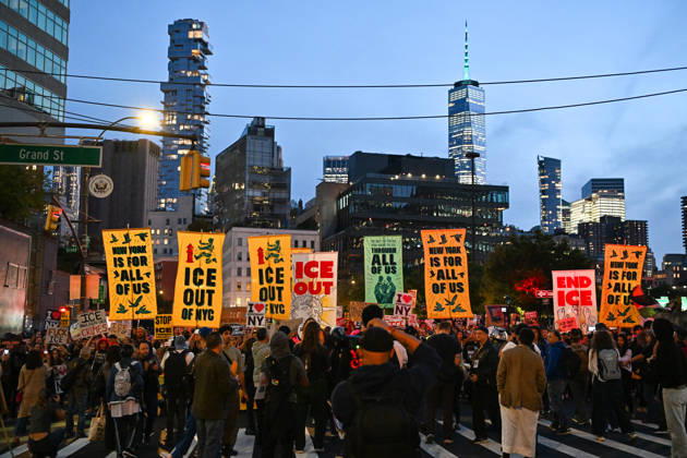 Thousands of New York protesters rally against ICE after Bronx shooting NEW YORK, UNITED STATES - OCTOBER 9: Thousands of people gathered at Foley Square to demand the withdrawal of US Immigration and Customs Enforcement (ICE) from the city, a day after an ICE officer shot a Dominican Republic national in the neck in the Bronx in New York, United States on October 9, 2026. Waleed Zein Anadolu New York United States. Editorial use only. Please get in touch for any other usage.  Copyright: x2026xAnadoluxWaleedxZeinx