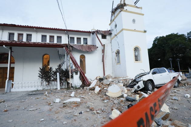 (261010) -- PANAMA CITY, Oct. 10, 2026 -- This photo taken on Oct. 9, 2026 shows a bell tower of a church collapsed after a strong earthquake in Penonome, central Cocle Province of Panama. A powerful earthquake and a series of strong aftershocks rattled Panama on Friday, sending residents into the streets, disrupting water supplies and briefly halting flights as the government mobilized emergency personnel and resources. The University of Panama s Institute of Geosciences measured the initial quake at magnitude 7.2. It struck at 12:56 p.m. local time (1756 GMT) at a depth of 4 kilometers. By 5:30 p.m. local time, more than 40 earthquakes had been recorded, including over a dozen with magnitudes above 5.0. A quake at 3:25 p.m. had a magni 