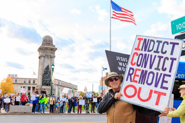 October 9, 2026, Syracuse, Ny, USA: Protestors turned out in oppostion to the Trump rally being held at the Oncenter. Syracuse USA  - ZUMAh195 20261009_znp_h195_004 Copyright: xAlexxHamerx
