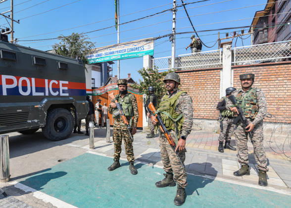 October 10, 2026, Srinagar, Jammu And Kashmir, India: Paramilitary soldiers stand guard outside the congress headquarter during a INDIA bloc protest in Srinagar on October 10, 2026 against the country s Chief Election Commissioner Gyanesh Kumar, calling for his resignation over alleged irregularities in the Special Intensive Revision (SIR) of electoral rolls. Srinagar India  - ZUMAz120 20261010_zip_z120_002 Copyright: xBasitxZargarx