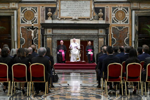 Pope Leo XIV Meets With Directors Of World’s Largest Museums - Vatican Pope Leo XIV meets with the directors of the largest art and culture museums around the world at the Vatican, on October 10, 2026. Speaking to members of the Bizot Group, which brings together directors of the world’s largest museums, Pope Leo stressed the importance of works of art as a means of ‘safeguarding a heritage that belongs to all humanity.’ Photo by (EV) Mario Tomassetti Vatican Medial ABACAPRESS.COM Rome  Copyright: xABACAx