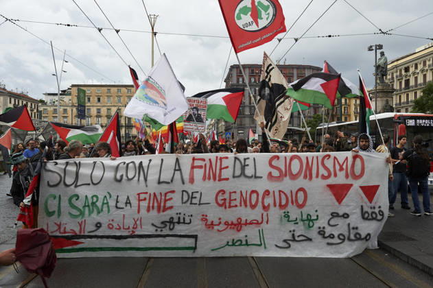 Pro-Palestine protests in Naples NAPLES, ITALY - OCTOBER 10: People take part in a protest during the Global Day of Action for Palestine in defence of the Palestinian people, to call for an arms embargo and sanctions against Israel in Naples, on October 10, 2026. Eliano Imperato Anadolu Naples Italy. Editorial use only. Please get in touch for any other usage.  Copyright: x2026xAnadoluxElianoxImperatox