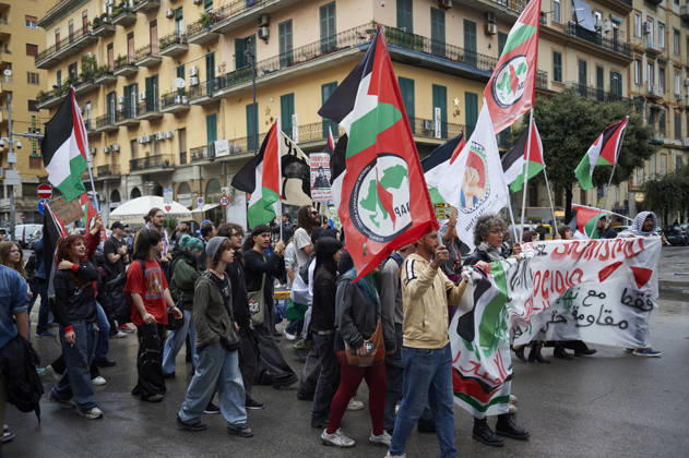 Pro-Palestine protests in Naples NAPLES, ITALY - OCTOBER 10: People take part in a protest during the Global Day of Action for Palestine in defence of the Palestinian people, to call for an arms embargo and sanctions against Israel in Naples, on October 10, 2026. Eliano Imperato Anadolu Naples Italy. Editorial use only. Please get in touch for any other usage.  Copyright: x2026xAnadoluxElianoxImperatox