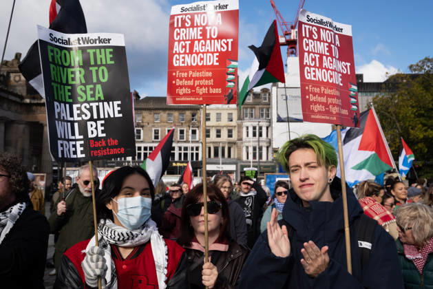 October 10, 2026, Edinburgh, Scotland, UK: Hundreds of people took part in a demonstration in Edinburgh organised by pro-Palestine groups Gaza Genocide Emergency Committee and Stop the War Scotland to mark the third anniversary of the 7 October 2023 Hamas-led attacks on Israel and the subsequent war in Gaza. The demonstration formed part of what organisers described as the first fully coordinated global day of protests for Palestine, with participants calling on the UK Government to end all arms sales to Israel and impose full sanctions. Edinburgh UK - ZUMAs357 20261010_zip_s357_002 Copyright: xCameronxScottx