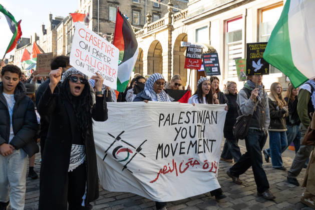 October 10, 2026, Edinburgh, Scotland, UK: Hundreds of people took part in a demonstration in Edinburgh organised by pro-Palestine groups Gaza Genocide Emergency Committee and Stop the War Scotland to mark the third anniversary of the 7 October 2023 Hamas-led attacks on Israel and the subsequent war in Gaza. The demonstration formed part of what organisers described as the first fully coordinated global day of protests for Palestine, with participants calling on the UK Government to end all arms sales to Israel and impose full sanctions. Edinburgh UK - ZUMAs357 20261010_zip_s357_014 Copyright: xCameronxScottx