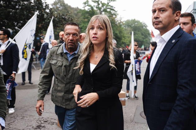 IPA89501929 - Milan: The League™s rally, A Safer Milan, Stop the Social Centers, against the Lambretta Social Center on Via Rizzoli. Pictured: Silvia Sardone (Member of the European Parliament, the League™s mayoral candidate in the Milan municipal elections)  Copyright: xAlessandroxBremecx xx IPA89501929