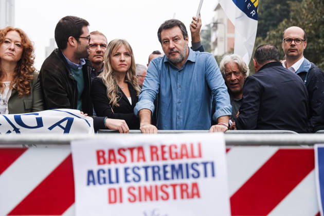 IPA89501855 - Milan: The League™s protest, A Safer Milan, Stop the Social Centers, against the Lambretta Social Center on Via Rizzoli. Pictured: Silvia Sardone (Member of the European Parliament, Lega mayoral candidate in the Milan municipal elections), Matteo Salvini (Lega leader, Italian Minister of Infrastructure and Transportation)  Copyright: xAlessandroxBremecx xx IPA89501855