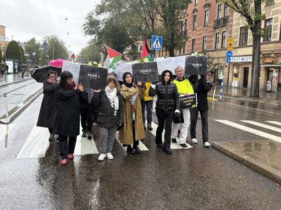 Demonstrators march in Stockholm to show solidarity with Palestinians STOCKHOLM, SWEDEN - OCTOBER 10: Demonstrators march to draw attention to the situation in Palestine and mark the third anniversary of the war in Gaza, on October 10, 2026, in Stockholm, Sweden. Atila Altuntas Anadolu Stockholm Sweden. Editorial use only. Please get in touch for any other usage.  Copyright: x2026xAnadoluxAtilaxAltuntasx