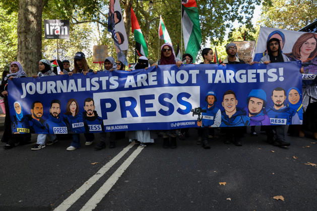October 10, 2026, London, London, UK: London, UK. Thousands of pro-Palestine supporters take part in the National March for Palestine in central London, carrying placards and Palestinian flags and calling for Palestinian rights and an end to the conflict in Gaza, three days after the third anniversary of the 7 October attacks on Israel. London UK  - ZUMAl94_ 20261010_zaf_l94_034 Copyright: xDinendraxHariax