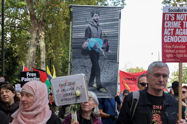 October 10, 2026, London, London, UK: London, UK. Thousands of pro-Palestine supporters take part in the National March for Palestine in central London, carrying placards and Palestinian flags and calling for Palestinian rights and an end to the conflict in Gaza, three days after the third anniversary of the 7 October attacks on Israel. London UK  - ZUMAl94_ 20261010_zaf_l94_035 Copyright: xDinendraxHariax