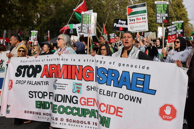 October 10, 2026, London, London, UK: London, UK. Thousands of pro-Palestine supporters take part in the National March for Palestine in central London, carrying placards and Palestinian flags and calling for Palestinian rights and an end to the conflict in Gaza, three days after the third anniversary of the 7 October attacks on Israel. London UK  - ZUMAl94_ 20261010_zaf_l94_041 Copyright: xDinendraxHariax