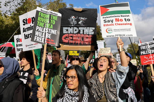 October 10, 2026, London, London, UK: London, UK. Thousands of pro-Palestine supporters take part in the National March for Palestine in central London, carrying placards and Palestinian flags and calling for Palestinian rights and an end to the conflict in Gaza, three days after the third anniversary of the 7 October attacks on Israel. London UK  - ZUMAl94_ 20261010_zaf_l94_042 Copyright: xDinendraxHariax