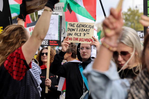 October 10, 2026, London, London, UK: London, UK. Thousands of pro-Palestine supporters take part in the National March for Palestine in central London, carrying placards and Palestinian flags and calling for Palestinian rights and an end to the conflict in Gaza, three days after the third anniversary of the 7 October attacks on Israel. London UK  - ZUMAl94_ 20261010_zaf_l94_045 Copyright: xDinendraxHariax