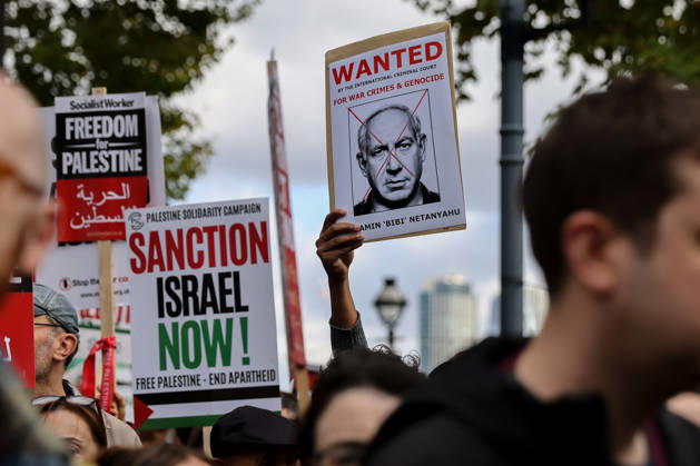 October 10, 2026, London, London, UK: London, UK. Thousands of pro-Palestine supporters take part in the National March for Palestine in central London, carrying placards and Palestinian flags and calling for Palestinian rights and an end to the conflict in Gaza, three days after the third anniversary of the 7 October attacks on Israel. London UK  - ZUMAl94_ 20261010_zaf_l94_051 Copyright: xDinendraxHariax