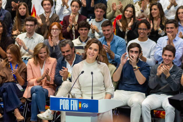IPA89504625 - MADRID, SPAIN. OCTOBER 10, 2026. Isabel Diaz Ayuso, president of the Community of Madrid, speaks during the opening event of the Spanish People™s Party™s (PP) pre-election campaign at IFEMA in Madrid, in the presence of Alberto Nunez Feijoo, leader of the PP, Josà Luis Martinez-Almeida, mayor of the capital, and former Spanish Prime Ministers and former PP leaders Josà Maria Aznar and Mariano Rajoy. The event marks the start of the party™s election campaign ahead of the general election scheduled for November 29, 2026. During her speech, Ayuso outlined the party™s positions and reaffirmed her support for the PP™s political platform ahead of the election. Copyright: xFrancescoxMilitelloxMirtox xFrancescoxMilitelloxMirtox IPA89504625