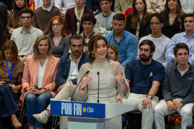 IPA89504627 - MADRID, SPAIN. OCTOBER 10, 2026. Isabel Diaz Ayuso, president of the Community of Madrid, speaks during the opening event of the Spanish People™s Party™s (PP) pre-election campaign at IFEMA in Madrid, in the presence of Alberto Nunez Feijoo, leader of the PP, Josà Luis Martinez-Almeida, mayor of the capital, and former Spanish prime ministers and former PP leaders Josà Maria Aznar and Mariano Rajoy. The event marks the start of the party™s election campaign ahead of the general election scheduled for November 29, 2026. During her speech, Ayuso outlined the party™s positions and reaffirmed her support for the PP™s political platform ahead of the election. Copyright: xFrancescoxMilitelloxMirtox xFrancescoxMilitelloxMirtox IPA89504627