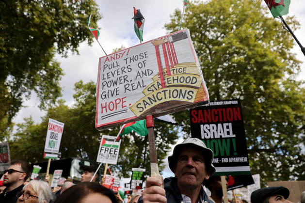 October 10, 2026, London, London, UK: London, UK. Thousands of pro-Palestine supporters take part in the National March for Palestine in central London, carrying placards and Palestinian flags and calling for Palestinian rights and an end to the conflict in Gaza, three days after the third anniversary of the 7 October attacks on Israel. London UK  - ZUMAl94_ 20261010_zaf_l94_052 Copyright: xDinendraxHariax