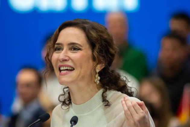 IPA89504636 - MADRID, SPAIN. OCTOBER 10, 2026. Isabel Diaz Ayuso, president of the Community of Madrid, speaks during the opening event of the Spanish People™s Party™s (PP) pre-election campaign at IFEMA in Madrid, in the presence of Alberto Nunez Feijoo, leader of the PP, Josà Luis Martinez-Almeida, mayor of the capital, and former Spanish prime ministers and former PP leaders Josà Maria Aznar and Mariano Rajoy. The event marks the start of the party™s election campaign ahead of the general election scheduled for November 29, 2026. During her speech, Ayuso outlined the party™s positions and reaffirmed her support for the PP™s political platform ahead of the election. Copyright: xFrancescoxMilitelloxMirtox xFrancescoxMilitelloxMirtox IPA89504636