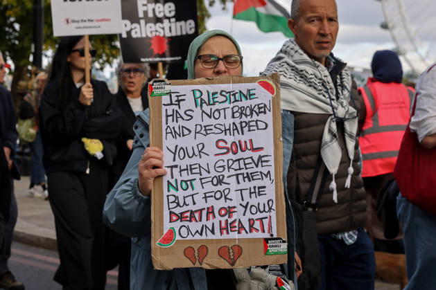 October 10, 2026, London, London, UK: London, UK. Thousands of pro-Palestine supporters take part in the National March for Palestine in central London, carrying placards and Palestinian flags and calling for Palestinian rights and an end to the conflict in Gaza, three days after the third anniversary of the 7 October attacks on Israel. London UK  - ZUMAl94_ 20261010_zaf_l94_061 Copyright: xDinendraxHariax