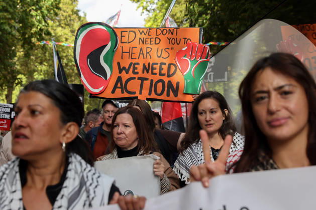 October 10, 2026, London, London, UK: London, UK. Thousands of pro-Palestine supporters take part in the National March for Palestine in central London, carrying placards and Palestinian flags and calling for Palestinian rights and an end to the conflict in Gaza, three days after the third anniversary of the 7 October attacks on Israel. London UK  - ZUMAl94_ 20261010_zaf_l94_063 Copyright: xDinendraxHariax