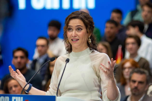 IPA89504628 - MADRID, SPAIN. OCTOBER 10, 2026. Isabel Diaz Ayuso, president of the Community of Madrid, speaks during the opening event of the Spanish People™s Party™s (PP) pre-election campaign at IFEMA in Madrid, in the presence of Alberto Nunez Feijoo, leader of the PP, Josà Luis Martinez-Almeida, mayor of the capital, and former Spanish Prime Ministers and former PP leaders Josà Maria Aznar and Mariano Rajoy. The event marks the start of the party™s election campaign ahead of the general election scheduled for November 29, 2026. During her speech, Ayuso outlined the party™s positions and reaffirmed her support for the PP™s political platform ahead of the election. Copyright: xFrancescoxMilitelloxMirtox xFrancescoxMilitelloxMirtox IPA89504628