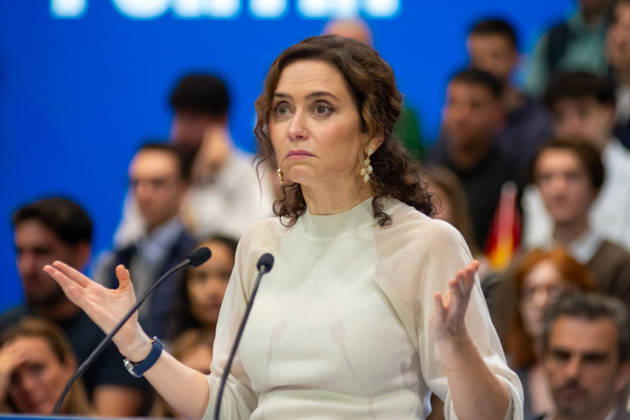 IPA89504630 - MADRID, SPAIN. OCTOBER 10, 2026. Isabel Diaz Ayuso, president of the Community of Madrid, speaks during the opening event of the Spanish People™s Party™s (PP) pre-election campaign at IFEMA in Madrid, in the presence of Alberto Nunez Feijoo, leader of the PP, Josà Luis Martinez-Almeida, mayor of the capital, and former Spanish Prime Ministers and former PP leaders Josà Maria Aznar and Mariano Rajoy. The event marks the start of the party™s election campaign ahead of the general election scheduled for November 29, 2026. During her speech, Ayuso outlined the party™s positions and reaffirmed her support for the PP™s political platform ahead of the election. Copyright: xFrancescoxMilitelloxMirtox xFrancescoxMilitelloxMirtox IPA89504630
