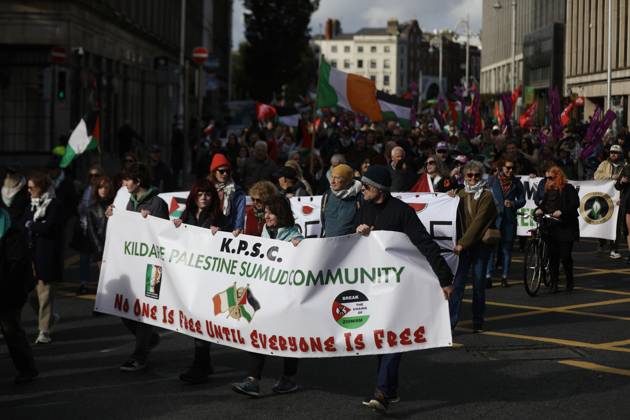 Thousands of pro-Palestine demonstrators gather in Dublin DUBLIN, IRELAND - OCTOBER 10: Thousands of pro-Palestine demonstrators gather in Dublin, Ireland, on October 10, 2026, for a national march marking three years since the October 7 attacks and the subsequent war in Gaza. Organized by the Ireland-Palestine Solidarity Campaign, the protest calls for sanctions against Israel and greater action by the Irish government, with demonstrators marching from the Garden of Remembrance towards the Dail. Mostafa Darwish Anadolu Dublin Ireland. Editorial use only. Please get in touch for any other usage.  Copyright: x2026xAnadoluxMostafaxDarwishx