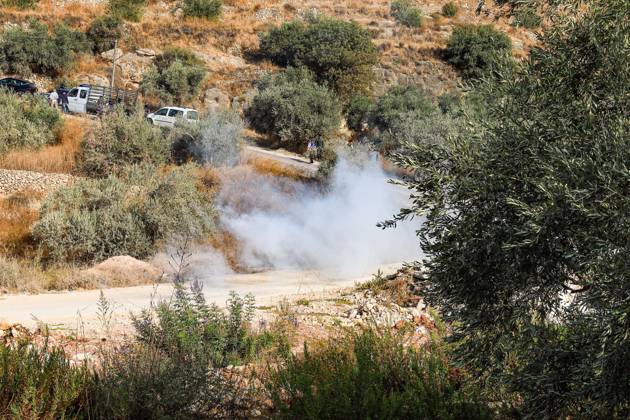 October 10, 2026, Ramallah: DEIR ABU MASHÃ¢â‚¬â ¢AL, PALESTINE Ã¢â‚¬ OCTOBER 10, 2026: Palestinian farmers came under attack by Israeli settlers and Israeli forces as they headed to harvest olives on their land in Deir Abu MashÃ¢â‚¬â ¢al, northwest of Ramallah. The event marked the villageÃ¢â‚¬â ¢s first olive harvest gathering of the new season. The Palestine Red Crescent Society reported that its teams treated nine people injured during the incident. The injuries included one caused by live ammunition to the thigh, two caused by rubber-coated metal bullets, and six resulting from physical assault. One of those struck by a rubber-coated metal bullet was photojournalist Issam Al-Rimawi. The incident occurred during the annual olive harve - ZUMAq101 20261010_zna_q101_058 Copyright: xSalmanxMohsenxAlkhatibx
