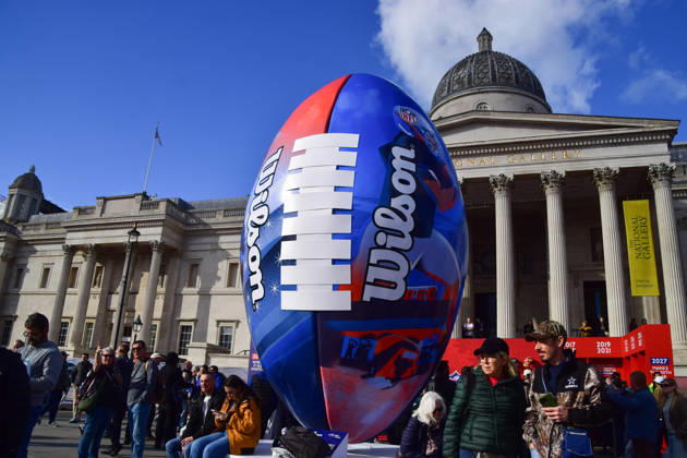 October 10, 2026, London, England, United Kingdom: A giant football installation at the NFL Experience in Trafalgar Square, a two-day fan event celebrating the 2026 NFL London Games. London United Kingdom - ZUMAv130 20261010_zip_v130_055 Copyright: xVukxValcicx