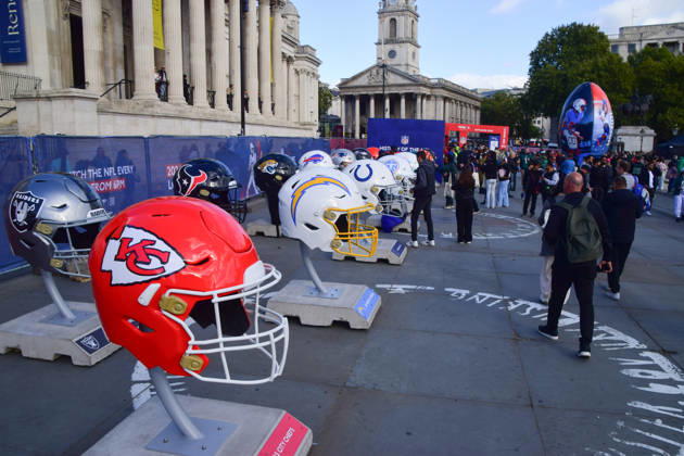October 10, 2026, London, England, United Kingdom: Large football helmets at the NFL Experience in Trafalgar Square, a two-day fan event celebrating the 2026 NFL London Games. London United Kingdom - ZUMAv130 20261010_zip_v130_056 Copyright: xVukxValcicx