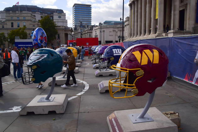 October 10, 2026, London, England, United Kingdom: Large football helmets at the NFL Experience in Trafalgar Square, a two-day fan event celebrating the 2026 NFL London Games. London United Kingdom - ZUMAv130 20261010_zip_v130_058 Copyright: xVukxValcicx