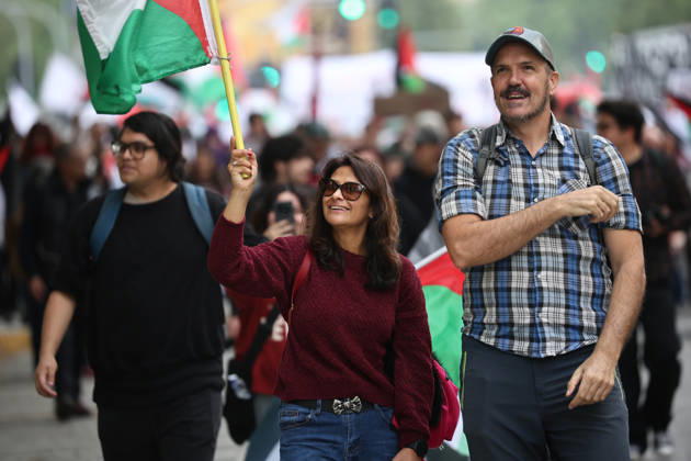 Santiago, October 10, 2026: March for Palestine organized by the Global Action for Palestine (GAFP) alliance along Alameda Street in downtown Santiago. Dragomir Yankovic, Aton Chile, Santiago, Chile. Aton 1198374  Copyright: DRAGOMIRxYANKOVIC ATONxCHILE