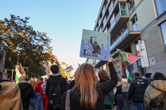 October 10, 2026, Berlin, Berlin, Germany: BERLIN, GERMANY, OCTOBER 10, 2026: Thousands of demonstrators take part in the United4Palestine rally under the slogan â€oeNo Peace on Stolen Land†in Berlin. Police estimated that around 3,500 people participated in the demonstration, which took place amid extensive security measures and a large police presence. Pro-Israeli counter-protests were also held nearby, with participants expressing opposing views on the Israeli-Palestinian conflict. Berlin Germany - ZUMAq101 20261010_zna_q101_216 Copyright: xMariaxCastrox