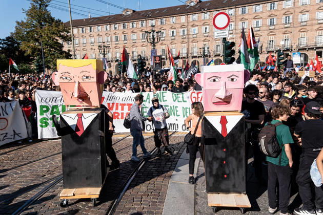 October 10, 2026, Turin, Piedmont, Italy: Thousands of people took part in the demonstration in support of Palestine, Ã¢â‚¬ËœThe end of genocide is the end of ZionismÃ¢â‚¬â ¢, held in Turin on 10 October 2026. Although the demonstration was authorized, tension arose at the start when police tried to prevent the protestors from entering in Castello Square, without success. The demonstration then proceeded without any incident. Turin Italy - ZUMAs377 20261010_znp_s377_012 Copyright: xPietroxStariccox