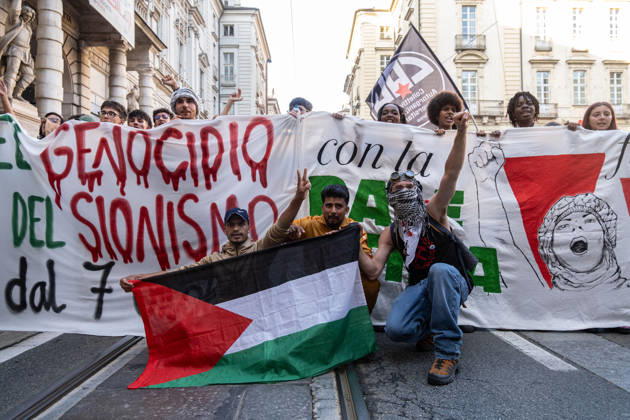 October 10, 2026, Turin, Piedmont, Italy: Thousands of people took part in the demonstration in support of Palestine, Ã¢â‚¬ËœThe end of genocide is the end of ZionismÃ¢â‚¬â ¢, held in Turin on 10 October 2026. Although the demonstration was authorized, tension arose at the start when police tried to prevent the protestors from entering in Castello Square, without success. The demonstration then proceeded without any incident. Turin Italy  - ZUMAs377 20261010_znp_s377_001 Copyright: xPietroxStariccox