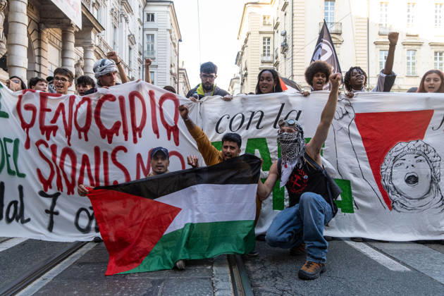 October 10, 2026, Turin, Piedmont, Italy: Thousands of people took part in the demonstration in support of Palestine, Ã¢â‚¬ËœThe end of genocide is the end of ZionismÃ¢â‚¬â ¢, held in Turin on 10 October 2026. Although the demonstration was authorized, tension arose at the start when police tried to prevent the protestors from entering in Castello Square, without success. The demonstration then proceeded without any incident. Turin Italy  - ZUMAs377 20261010_znp_s377_002 Copyright: xPietroxStariccox