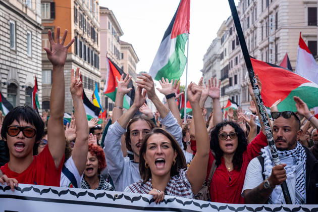 October 10, 2026, Rome, Rm, Italy: Thousands of people take to the streets of the capital to march in solidarity with Gaza and the Palestinians, and to call for the unblocking of humanitarian aid entering the Strip. Rome Italy - ZUMAg256 20261010_znp_g256_011 Copyright: xMarcoxDixGianvitox