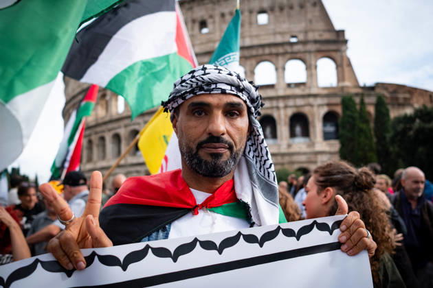 October 10, 2026, Rome, Rm, Italy: Thousands of people take to the streets of the capital to march in solidarity with Gaza and the Palestinians, and to call for the unblocking of humanitarian aid entering the Strip. Rome Italy - ZUMAg256 20261010_znp_g256_014 Copyright: xMarcoxDixGianvitox