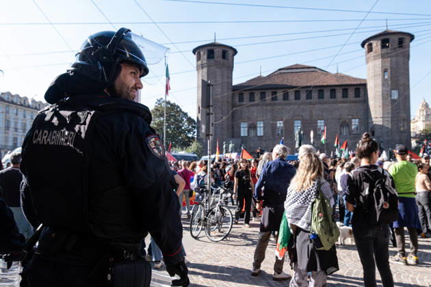October 10, 2026, Turin, Piedmont, Italy: Thousands of people took part in the demonstration in support of Palestine, Ã¢â‚¬ËœThe end of genocide is the end of ZionismÃ¢â‚¬â ¢, held in Turin on 10 October 2026. Although the demonstration was authorized, tension arose at the start when police tried to prevent the protestors from entering in Castello Square, without success. The demonstration then proceeded without any incident. Turin Italy - ZUMAs377 20261010_znp_s377_009 Copyright: xPietroxStariccox