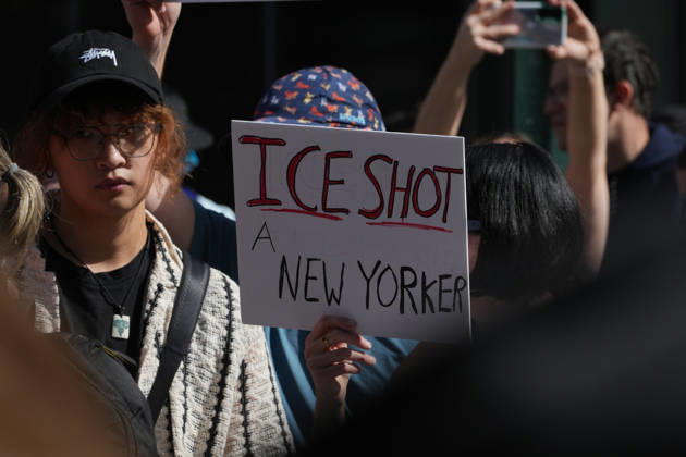 October 10, 2026, New York, New York, USA: Protesters at an anti-ICE protest in Herald Square on October 10, 2026 in New York City. Protesters take to the streets following an incident where ICE agents shot a 28-year-old-man, Oscar Belgal while he in a vehicle with his 5-year old child in the Marble Hill neighborhood in the Bronx. New York USA - ZUMAb148 20261010_zap_b148_052 Copyright: xBryanxSmithx