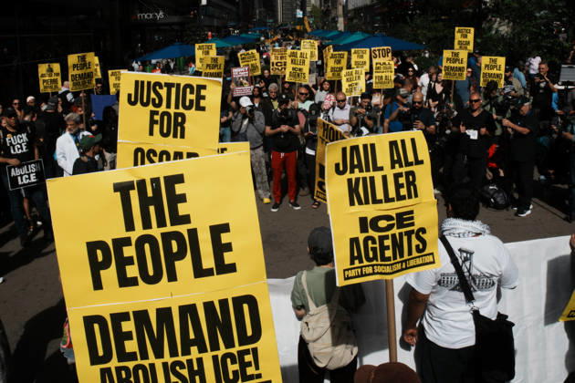 October 10, 2026, New York, New York, USA: Protesters at an anti-ICE protest in Herald Square on October 10, 2026 in New York City. Protesters take to the streets following an incident where ICE agents shot a 28-year-old-man, Oscar Belgal while he in a vehicle with his 5-year old child in the Marble Hill neighborhood in the Bronx. New York USA - ZUMAb148 20261010_zap_b148_064 Copyright: xBryanxSmithx