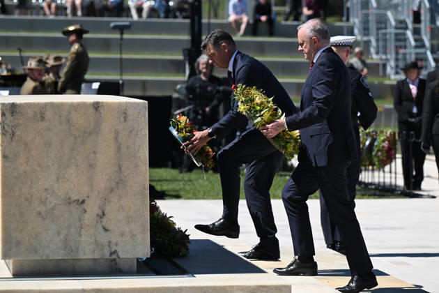 COMMEMORATIVE SERVICE OPERATION SLIPPER, Australian Prime Minister Anthony Albanese and Australian Opposition Leader Angus Taylor lay wreaths during a commemorative service recognising the 25th anniversary of Australian service in Afghanistan, at the Australian War Memorial in Canberra, Sunday, October 11, 2026. ( NO ARCHIVING CANBERRA AUSTRALIAN CAPITAL TERRITORY Australia  Copyright: xLUKASxCOCHx 20261011189346668004