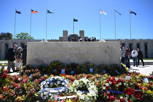 COMMEMORATIVE SERVICE OPERATION SLIPPER, Wreaths are seen at the Stone of Remembrance during a commemorative service recognising the 25th anniversary of Australian service in Afghanistan, at the Australian War Memorial in Canberra, Sunday, October 11, 2026. ( NO ARCHIVING CANBERRA AUSTRALIAN CAPITAL TERRITORY Australia  Copyright: xLUKASxCOCHx 20261011166508624121