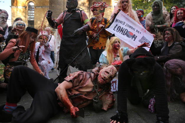 World Zombie Day In London, UK - 10 Oct 2026 Revellers dressed as zombies gather in a churchyard in Wardour Street during the celebration. Supporters of World Zombie Day dressed in their best zombie attire and took to the streets and open spaces of London’s Soho district. The event started in the United States in 2006 and raises money through donations for charities like The Dead Good Club that helps people keep abreast of fast changing technologies like AI and digital media. London United Kingdom Copyright: xMartinxPopex xSOPAxImagesx MPOPE_A738453