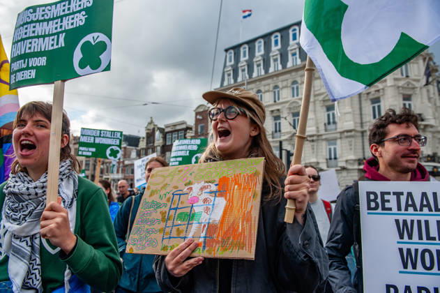 October 10, 2026, Amsterdam, North Holland, Netherlands: Animal activists are against land for rearing cattle during the demonstration. People gathered against the worsening housing crisis. Under the motto Houses for people, not for profit, they demand fundamental changes in Dutch public housing. Amsterdam Netherlands  - ZUMAs197 20261010_aaa_s197_546 Copyright: xAnaxFernandezx