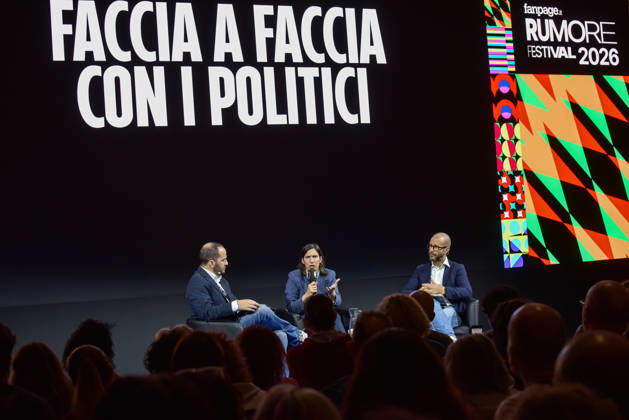 Political leaders Elly Schlein, Giuseppe Conte, Nicola Fratoianni, and Giovanni Donzelli take part in the panel Faccia a Faccia con i politici with Fanpage.it journalists during the Rumore Festival 2026 at Acquario Romano. - 11 Oct 2026 Fanpage.it Co-Director Adriano Biondi (L), Partito Democratico Secretary Elly Schlein (C), and Fanpage.it Director Francesco Cancellato (R) at an interview at the panel Faccia a Faccia con i politici during the Rumore Festival 2026 at Acquario Romano in Rome. Rome Italy Copyright: xVincenzoxNuzzolesex xSOPAxImagesx vnuzzolese_2026_10_11_41
