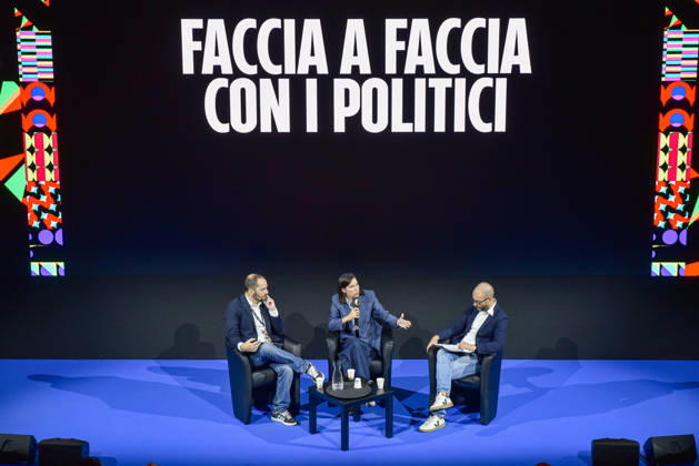 Political leaders Elly Schlein, Giuseppe Conte, Nicola Fratoianni, and Giovanni Donzelli take part in the panel Faccia a Faccia con i politici with Fanpage.it journalists during the Rumore Festival 2026 at Acquario Romano. - 11 Oct 2026 Fanpage.it Co-Director Adriano Biondi (L), Partito Democratico Secretary Elly Schlein (C), and Fanpage.it Director Francesco Cancellato (R) at an interview at the panel Faccia a Faccia con i politici during the Rumore Festival 2026 at Acquario Romano in Rome. Rome Italy Copyright: xVincenzoxNuzzolesex xSOPAxImagesx vnuzzolese_2026_10_11_42