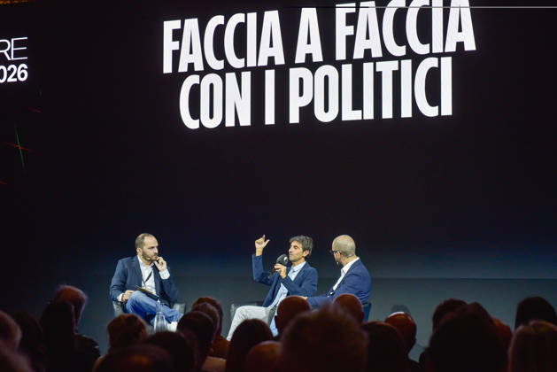 October 11, 2026, Rome, Italy: Fanpage.it Co-Director Adriano Biondi (L), Fratelli d Italia politician and MP Giovanni Donzelli (C), and Fanpage.it Director Francesco Cancellato (R) during an interview at the panel Faccia a Faccia con i politici during the Rumore Festival 2026 at Acquario Romano in Rome. Rome Italy  - ZUMAs197 20261011_aaa_s197_039 Copyright: xVincenzoxNuzzolesex