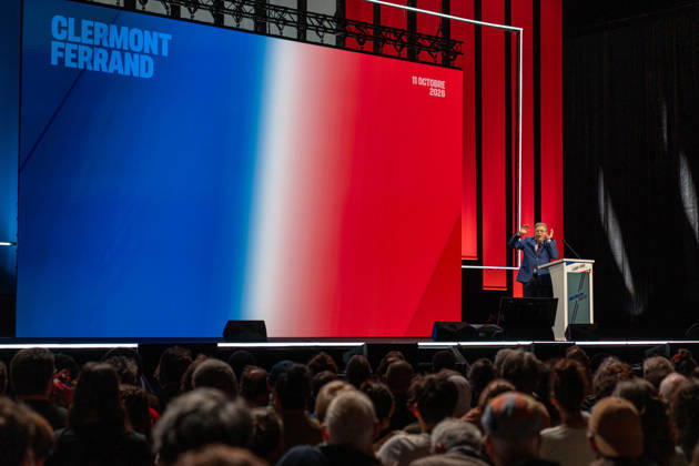 October 11, 2026, Clermont-Ferrand, Auvergne-Rho Ne-Alpes, France: CLERMONT-FERRAND, FRANCE - OCTOBER 11, 2026: Jean-Luc Melenchon, leader of the far-left party La France Insoumise (LFI) and 2027 presidential candidate, delivers a speech during a major political rally at the Zenith d Auvergne in Clermont-Ferrand, France, on October 11, 2026. Around 10,000 supporters gathered at the venue to attend the campaign event. Clermont-Ferrand France - ZUMAa252 20261011_zip_a252_001 Copyright: xDavidxAllignonx